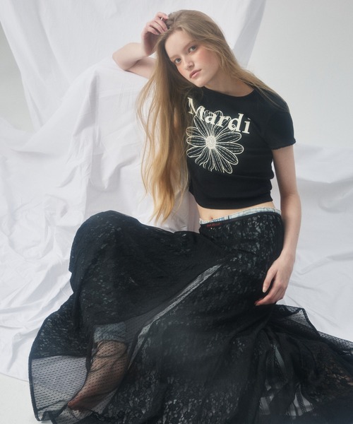 Mardi Mercredi(マルディメクルディ)の「SLIM FIT TOP EYELET FLOWERMARDI / スリム フィット トップ アイレット フラワーマルディ(Tシャツ/カットソー・レディース・ブラック/グレー×ホワイト/アイボリー/アイボリー系1・FREE)」の8枚目の写真