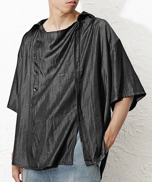 MinoriTY（マイノリティ）の「【MinoriTY】マルチWAYサテン半袖プルオーバーシャツ 夏服 ユニセックス 半袖（シャツ/ブラウス・メンズ・グレー/ブラック・M/L）」の12枚目の写真