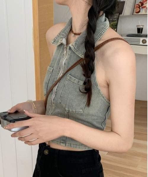 Vipoa（ヴィポア）の「Zip up denim crop tops（ベスト・レディース・ライトブルー・FREE）」の18枚目の写真