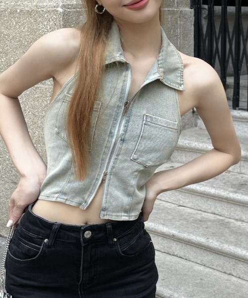 Vipoa（ヴィポア）の「Zip up denim crop tops（ベスト・レディース・ライトブルー・FREE）」の13枚目の写真