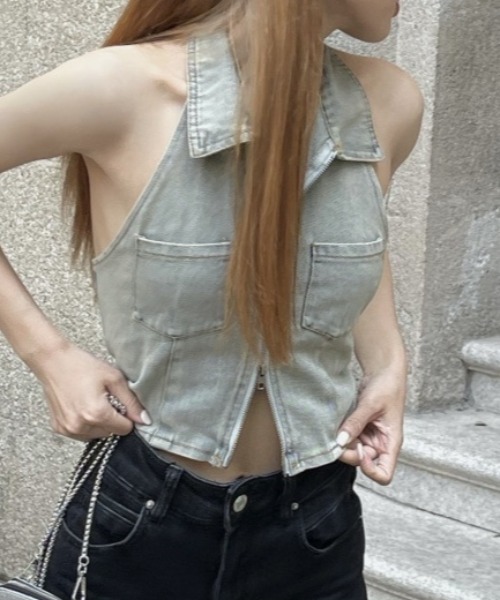 Vipoa（ヴィポア）の「Zip up denim crop tops（ベスト・レディース・ライトブルー・FREE）」の14枚目の写真
