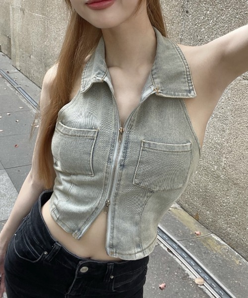 Vipoa（ヴィポア）の「Zip up denim crop tops（ベスト・レディース・ライトブルー・FREE）」の11枚目の写真