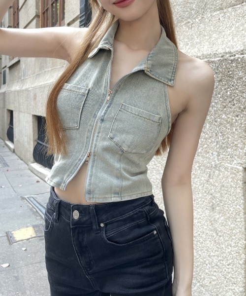 Vipoa（ヴィポア）の「Zip up denim crop tops（ベスト・レディース・ライトブルー・FREE）」の15枚目の写真
