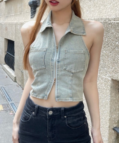 Vipoa（ヴィポア）の「Zip up denim crop tops（ベスト・レディース・ライトブルー・FREE）」の17枚目の写真