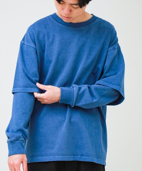 GLOSTER(グロスター)の「【1枚でレイヤード完成】ピグメント加工 フェイクレイヤードロンT(Tシャツ/カットソー・メンズ・ネイビー/ライトグリーン/ライトグレー/ブラック・L/M)」の1枚目の写真