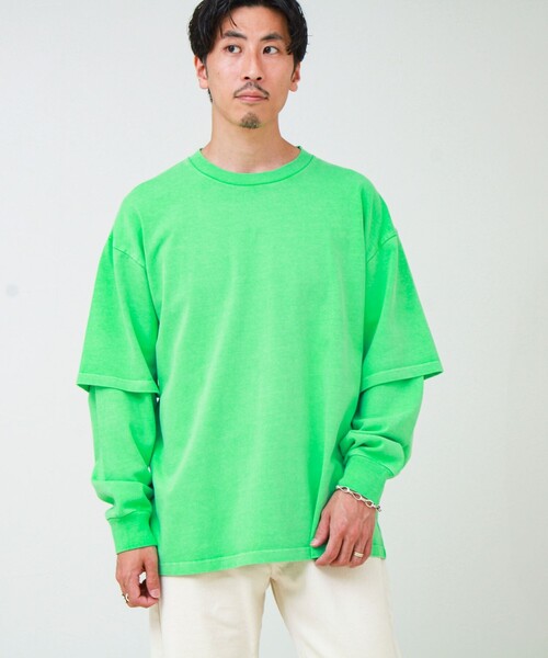 GLOSTER(グロスター)の「【1枚でレイヤード完成】ピグメント加工 フェイクレイヤードロンT(Tシャツ/カットソー・メンズ・ネイビー/ライトグリーン/ライトグレー/ブラック・L/M)」の4枚目の写真