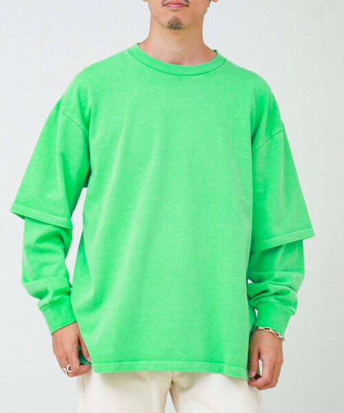 GLOSTER(グロスター)の「【1枚でレイヤード完成】ピグメント加工 フェイクレイヤードロンT(Tシャツ/カットソー・メンズ・ネイビー/ライトグリーン/ライトグレー/ブラック・L/M)」の6枚目の写真
