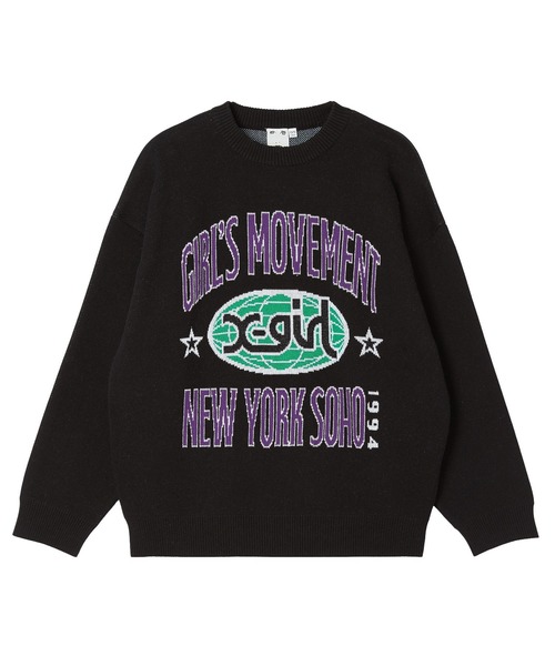 X-girl(エックスガール)の「WORLD LOGO JACQUARD KNIT TOP(ニット/セーター・レディース・アッシュ/ブラック/オリーブ・ONE SIZE)」の2枚目の写真