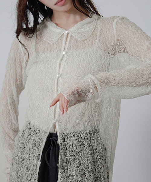 NYLAUS(ナイラス)の「【SG】レースシアーシャツ シアーカーディガン 長袖(シャツ/ブラウス・レディース・ブラック/アイボリー・M)」の2枚目の写真