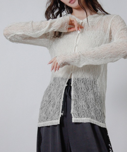 NYLAUS(ナイラス)の「【SG】レースシアーシャツ シアーカーディガン 長袖(シャツ/ブラウス・レディース・ブラック/アイボリー・M)」の6枚目の写真