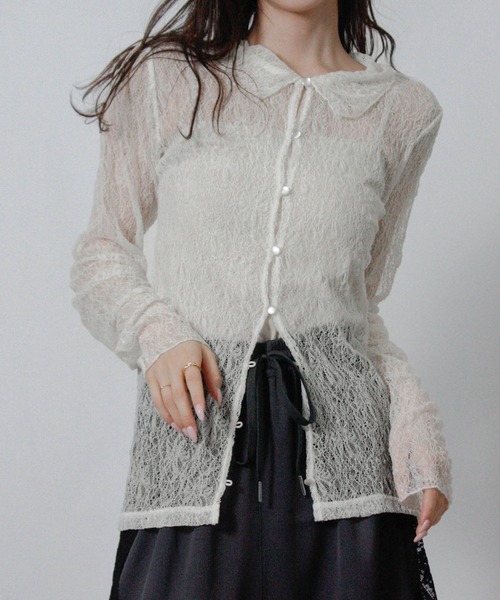 NYLAUS(ナイラス)の「【SG】レースシアーシャツ シアーカーディガン 長袖(シャツ/ブラウス・レディース・ブラック/アイボリー・M)」の10枚目の写真