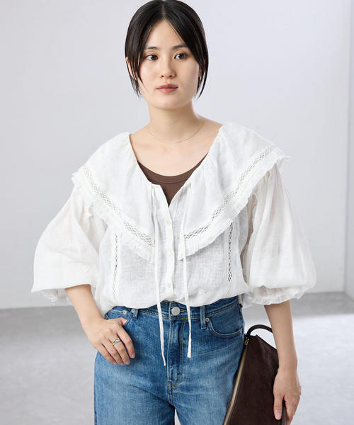 IENA(イエナ)の「リネンメッシュ ラッフルブラウス(シャツ/ブラウス・レディース・ブラック/ホワイト・FREE)」の14枚目の写真