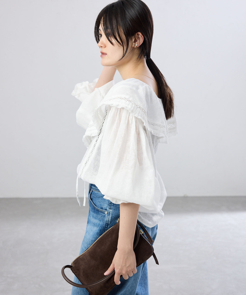 IENA(イエナ)の「リネンメッシュ ラッフルブラウス(シャツ/ブラウス・レディース・ブラック/ホワイト・FREE)」の15枚目の写真