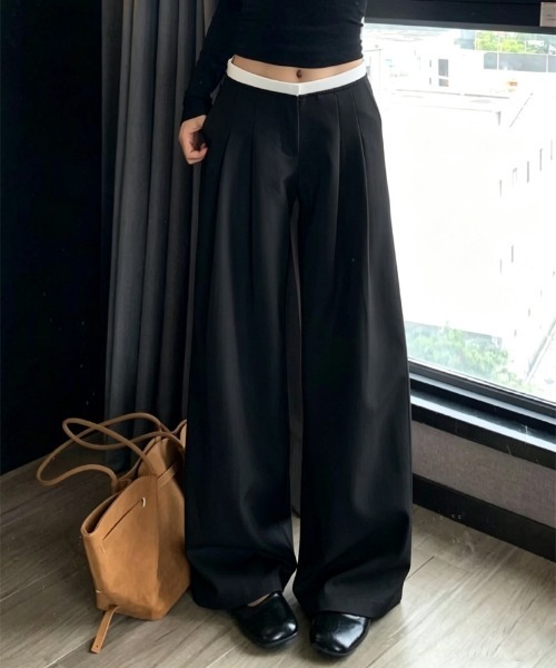 neos(ネオス)の「折り返しダブルウエストツータックワイドスラックス / ローライズ風バギーパンツ マニッシュ Y2K ボトムス(スラックス・レディース・ブラック/グレー/ベージュ・SMALL/LARGE/MEDIUM)」の2枚目の写真