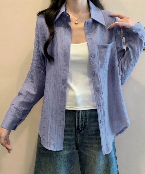 ReRe(リリ)の「シアー素材ベーシック長袖シャツ(シャツ/ブラウス・レディース・ホワイト/パープル/ブルー・MEDIUM/LARGE/X-LARGE)」の3枚目の写真