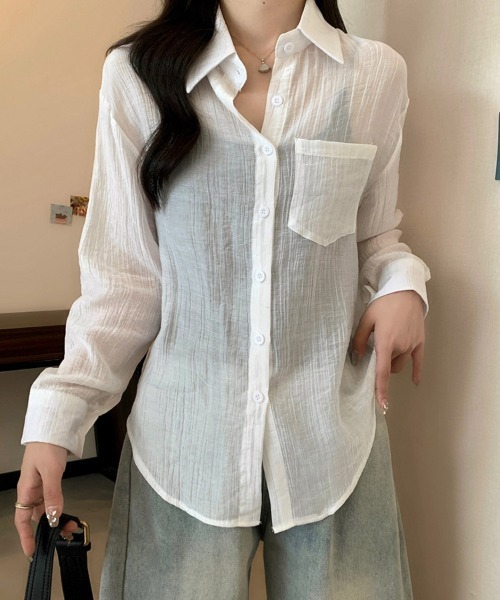 ReRe(リリ)の「シアー素材ベーシック長袖シャツ(シャツ/ブラウス・レディース・ホワイト/パープル/ブルー・MEDIUM/LARGE/X-LARGE)」の10枚目の写真