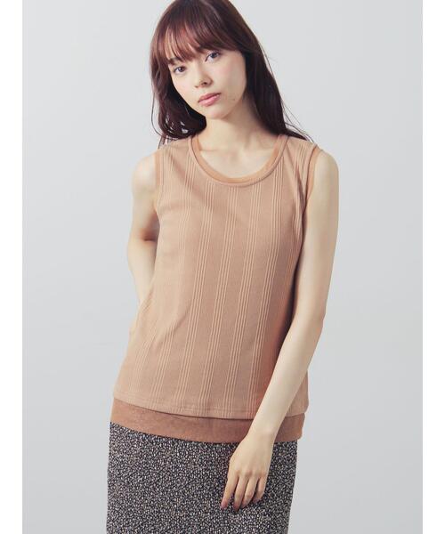 Samansa Mos2(サマンサ モスモス)の「ランダムリブチュール付きタンクトップ(Tシャツ/カットソー・レディース・チャコールグレー/オフホワイト/キャメル・F)」の1枚目の写真