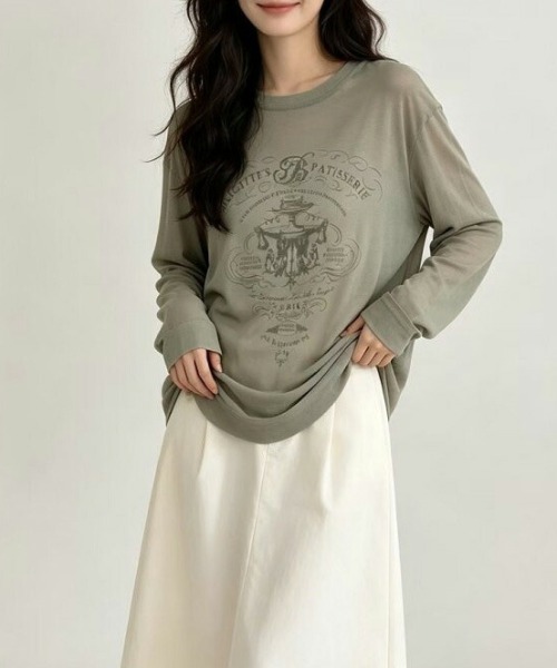 AMELY（エミリー）の「ヴィンテージ風/プリントシアーカットソー/ロンT（Tシャツ/カットソー・レディース・ホワイト/カーキ/グリーン・フリー）」の3枚目の写真