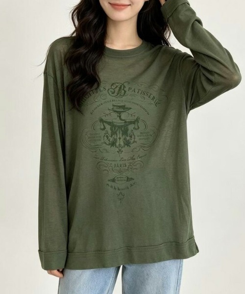 AMELY（エミリー）の「ヴィンテージ風/プリントシアーカットソー/ロンT（Tシャツ/カットソー・レディース・ホワイト/カーキ/グリーン・フリー）」の5枚目の写真