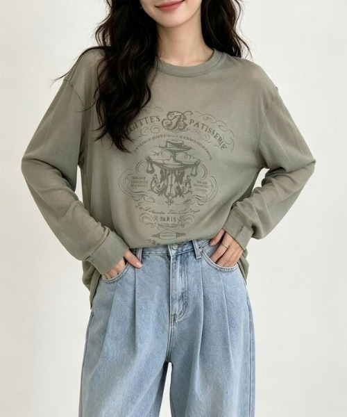 AMELY（エミリー）の「ヴィンテージ風/プリントシアーカットソー/ロンT（Tシャツ/カットソー・レディース・ホワイト/カーキ/グリーン・フリー）」の6枚目の写真