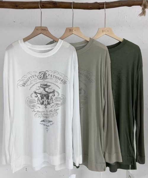 AMELY（エミリー）の「ヴィンテージ風/プリントシアーカットソー/ロンT（Tシャツ/カットソー・レディース・ホワイト/カーキ/グリーン・フリー）」の8枚目の写真