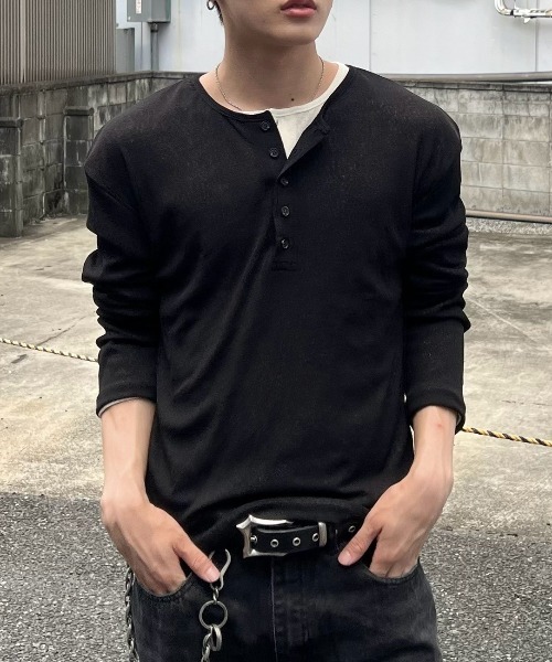 Chikashitsu +(チカシツプラス)の「【Chikashitsu +】sheer henley long sleeve tee / 【チカシツプラス】シアーヘンリーネック長袖Tシャツ<着用動画あり>(Tシャツ/カットソー・メンズ・ネイビー/ベージュ/アイボリー/ブラック・ONE SIZE)」の1枚目の写真