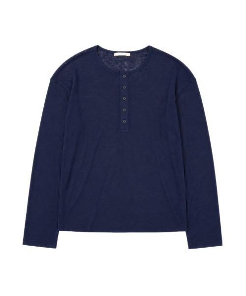 Chikashitsu +(チカシツプラス)の「【Chikashitsu +】sheer henley long sleeve tee / 【チカシツプラス】シアーヘンリーネック長袖Tシャツ<着用動画あり>(Tシャツ/カットソー・メンズ・ネイビー/ベージュ/アイボリー/ブラック・ONE SIZE)」の7枚目の写真