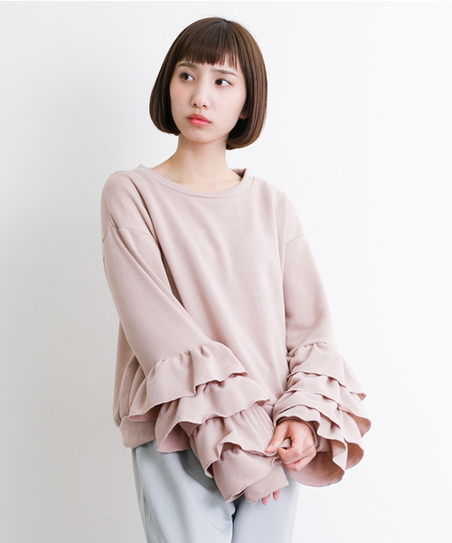 MERLOT(メルロー)の「フリルティアード袖トップス583-9527(スウェット・レディース・グレー/アイボリー/ネイビー/ピンク・FREE)」の4枚目の写真