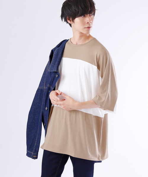 MONO-MART(モノマート)の「センターバイカラーBIG カットソー/TRストレッチ(Tシャツ/カットソー・メンズ・ブラック系その他/グレー系その他/ブルー系その他/ブルー系その他2/ベージュ系その他/グリーン系その他・FREE)」の1枚目の写真