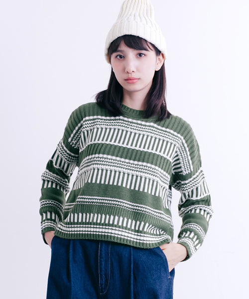 MERLOT（メルロー）の「ボーダーストライプリブニットプルオーバー1318（ニット/セーター・レディース・カーキ/グレー/オフホワイト・FREE）」の3枚目の写真