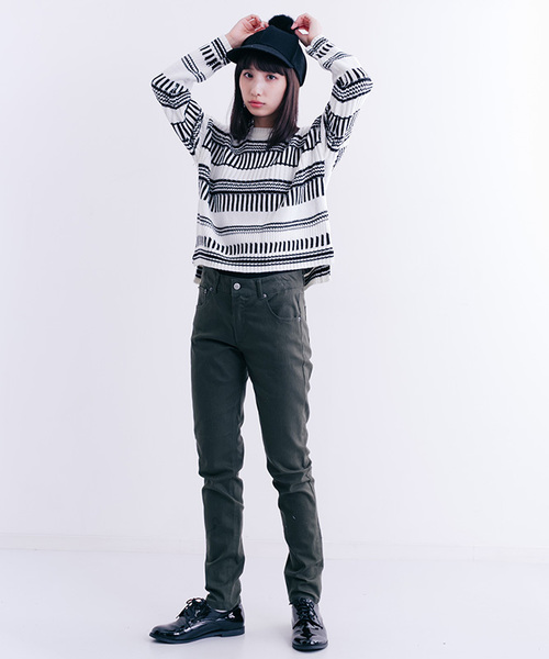 MERLOT（メルロー）の「ボーダーストライプリブニットプルオーバー1318（ニット/セーター・レディース・カーキ/グレー/オフホワイト・FREE）」の5枚目の写真