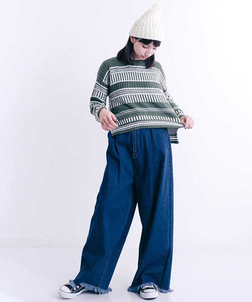 MERLOT（メルロー）の「ボーダーストライプリブニットプルオーバー1318（ニット/セーター・レディース・カーキ/グレー/オフホワイト・FREE）」の6枚目の写真