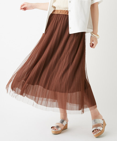 DISCOAT（ディスコート）の「再入荷！チュール重ねプリーツスカート（スカート・レディース・チャコールグレー/ブラック/アイボリー/ブラウン・FREE）」の4枚目の写真