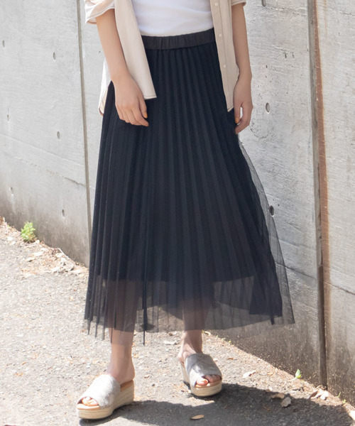 DISCOAT（ディスコート）の「再入荷！チュール重ねプリーツスカート（スカート・レディース・チャコールグレー/ブラック/アイボリー/ブラウン・FREE）」の3枚目の写真