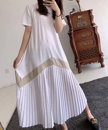 プリーツ切り替え裾ライン カットロングワンピース