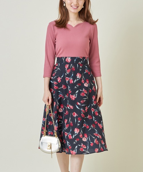 21人気の ウエストりぼん付きハートネックリブカットソー フラワードットプリントドッキングワンピース 春大特価セール