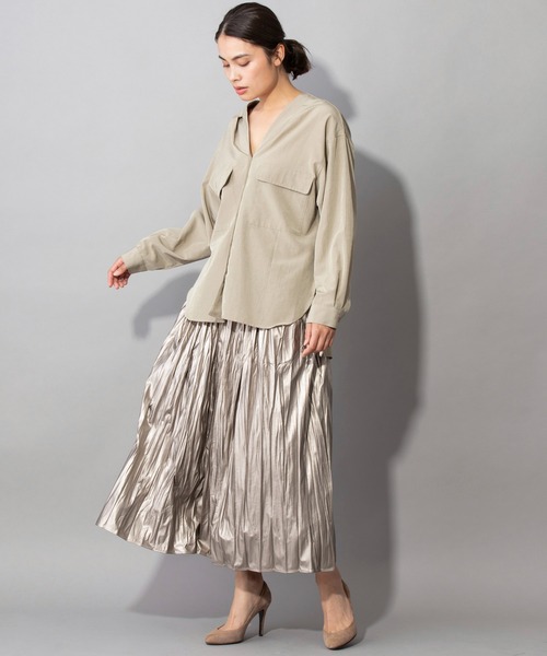 Munich（ミューニック）の「リンクルプロセッシングライトフェイクレザー　ギャザーロングスカート（スカート・レディース・ブラック/ダークオリーブ/ブロンズ・S/M）」の16枚目の写真