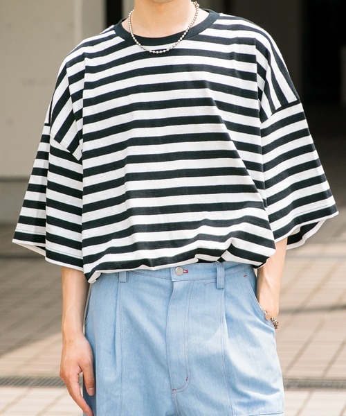 Adoon plain（アドーンプレーン）の「【Adoon plain】ボーダーTシャツ（Tシャツ/カットソー・メンズ・ライトブルー/オフホワイト・MEDIUM/LARGE）」の2枚目の写真