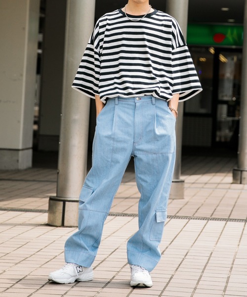 Adoon plain（アドーンプレーン）の「【Adoon plain】ボーダーTシャツ（Tシャツ/カットソー・メンズ・ライトブルー/オフホワイト・MEDIUM/LARGE）」の3枚目の写真