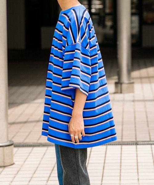 Adoon plain（アドーンプレーン）の「【Adoon plain】ボーダーTシャツ（Tシャツ/カットソー・メンズ・ライトブルー/オフホワイト・MEDIUM/LARGE）」の5枚目の写真