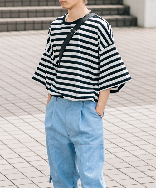 Adoon plain（アドーンプレーン）の「【Adoon plain】ボーダーTシャツ（Tシャツ/カットソー・メンズ・ライトブルー/オフホワイト・MEDIUM/LARGE）」の6枚目の写真