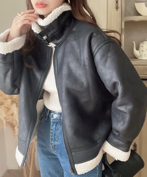 moment+（モーメントプラス）の「【累計販売枚数2万枚突破！】フェイクレザー×ボアフェイクムートンフライトジャケットブルゾン（ムートンコート・レディース・ブラウン/ブラック/アイボリー/ブラック系その他・M/L）」の18枚目の写真