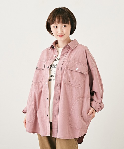 CUBE SUGAR(キューブシュガー)の「アシッド加工長袖レギュラーカラービッグワークシャツ(シャツ/ブラウス・レディース・グレー/ピンク/イエロー/ブルー・M)」の4枚目の写真