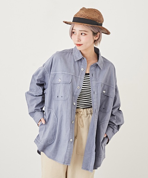 CUBE SUGAR(キューブシュガー)の「アシッド加工長袖レギュラーカラービッグワークシャツ(シャツ/ブラウス・レディース・グレー/ピンク/イエロー/ブルー・M)」の1枚目の写真