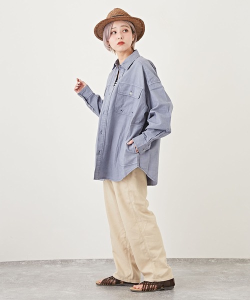 CUBE SUGAR(キューブシュガー)の「アシッド加工長袖レギュラーカラービッグワークシャツ(シャツ/ブラウス・レディース・グレー/ピンク/イエロー/ブルー・M)」の17枚目の写真