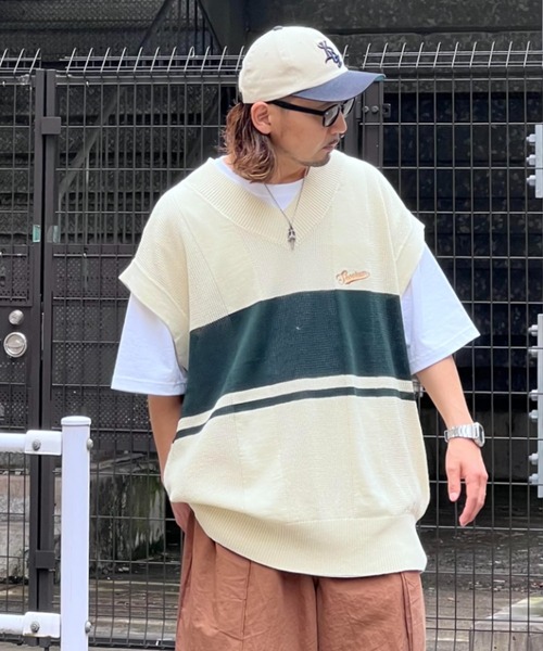 JACKROSE（ジャックローズ）の「SKOOKUM 透かし網ボーダーニットベスト（ベスト・メンズ・ホワイト/ブラック/グリーン・FREE）」の2枚目の写真