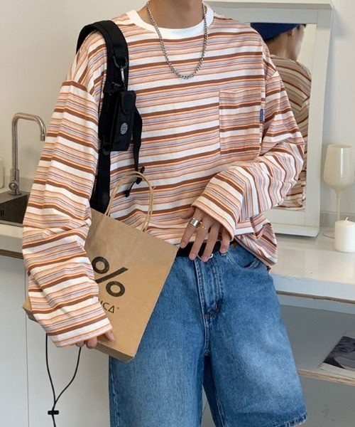 MGV(エムジーヴィー)の「マルチボーダーワンポイントタグロンT(Tシャツ/カットソー・メンズ・ブルー/オレンジ・X-LARGE/LARGE/MEDIUM)」の1枚目の写真