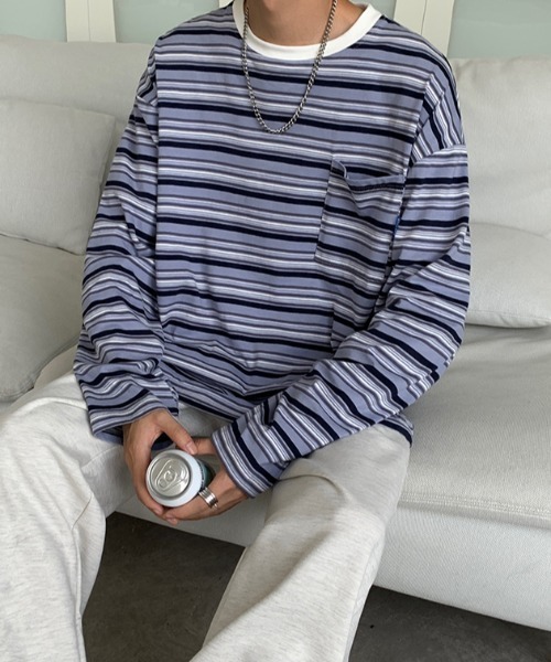 MGV(エムジーヴィー)の「マルチボーダーワンポイントタグロンT(Tシャツ/カットソー・メンズ・ブルー/オレンジ・X-LARGE/LARGE/MEDIUM)」の2枚目の写真