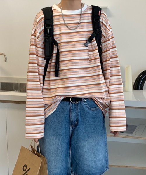 MGV(エムジーヴィー)の「マルチボーダーワンポイントタグロンT(Tシャツ/カットソー・メンズ・ブルー/オレンジ・X-LARGE/LARGE/MEDIUM)」の4枚目の写真