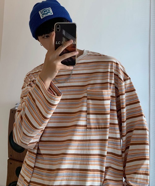 MGV(エムジーヴィー)の「マルチボーダーワンポイントタグロンT(Tシャツ/カットソー・メンズ・ブルー/オレンジ・X-LARGE/LARGE/MEDIUM)」の5枚目の写真
